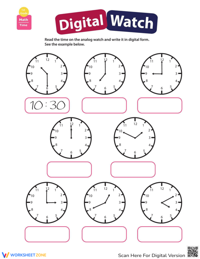 First grade worksheet showing an analog clock for practicing how to tell time