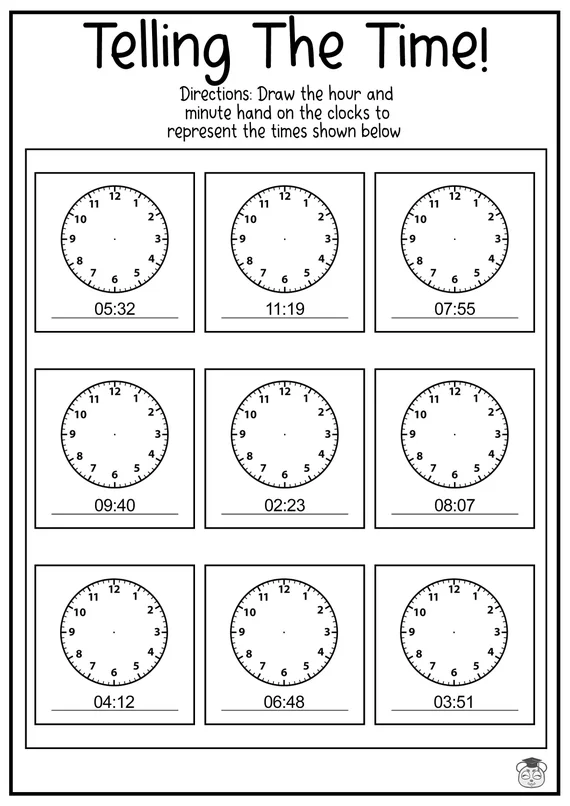 First grade student matching analog clock faces to the correct time on the hour worksheet 24
