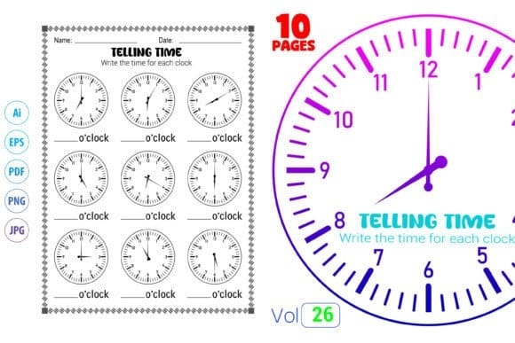 Analog clock worksheet for first graders to practice telling time