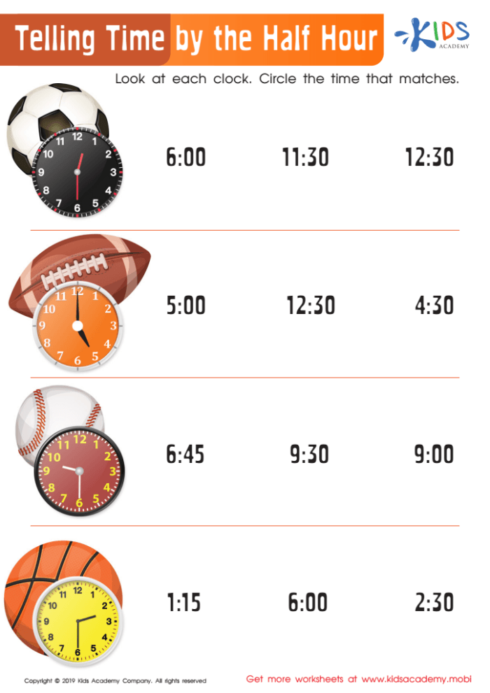 First grade student practicing how to read an analog clock on a time telling worksheet