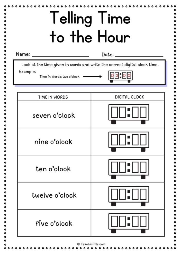 Worksheet for practicing telling time to the hour with blank clock faces