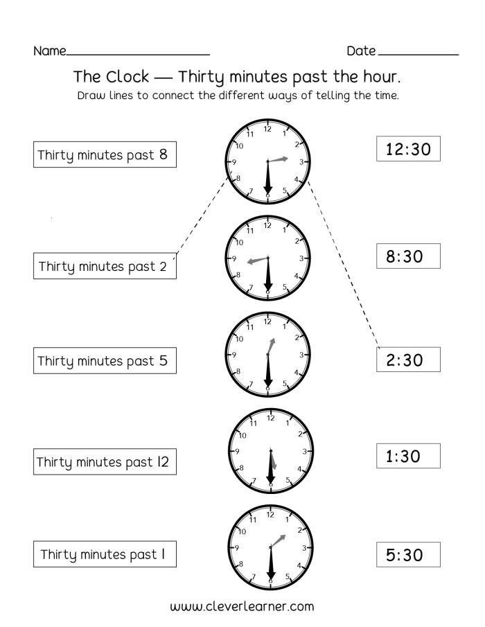 First grade students practice reading clocks to the half hour on this worksheet featuring a Clockwork Cat.