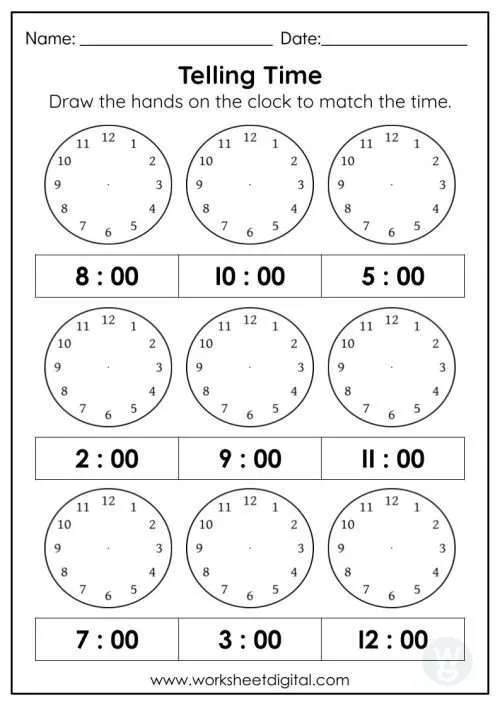 Printable worksheet to help children learn how to tell time on a clock First Grade Telling the Time 2 worksheet for practicing clock reading skills