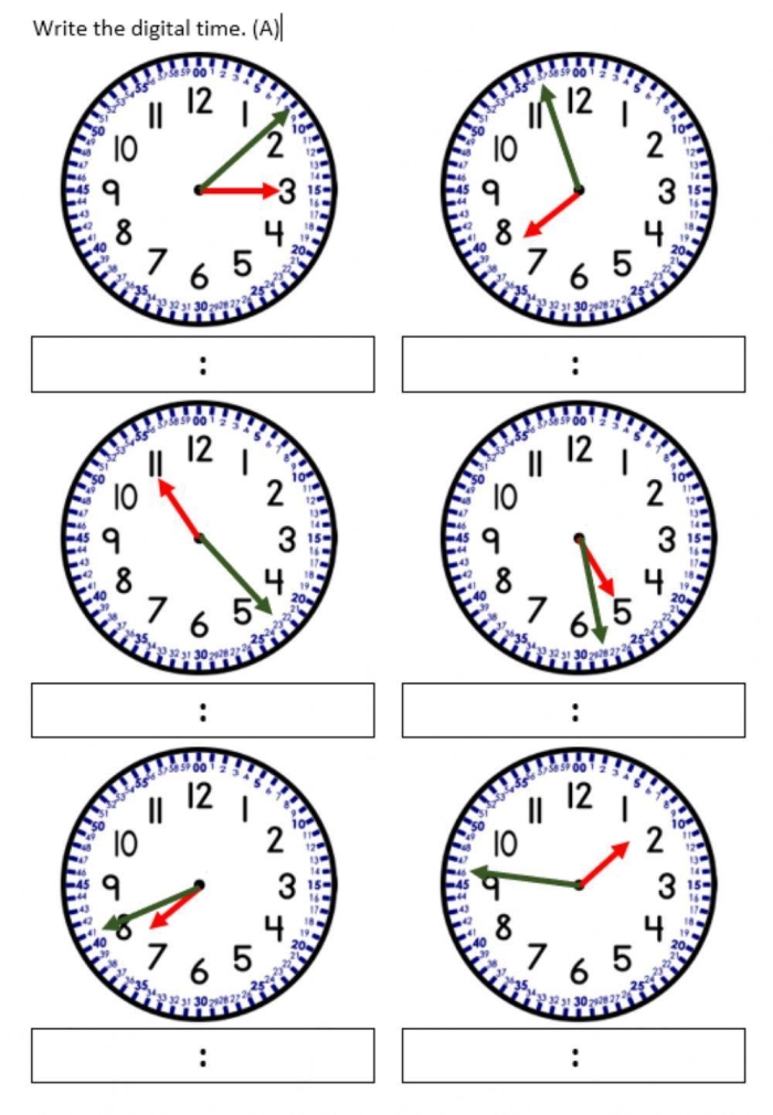 Worksheet for first graders to practice reading analog clocks and telling time