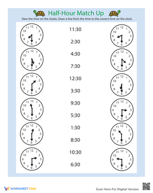 Worksheet featuring 11 analog clocks for telling time to the half hour with Clockwork Cat