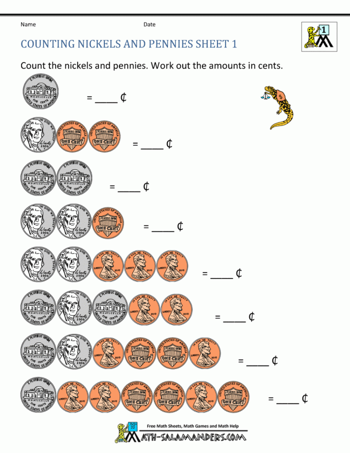 Colorful Money Practice worksheet for first graders focusing on coin counting.
