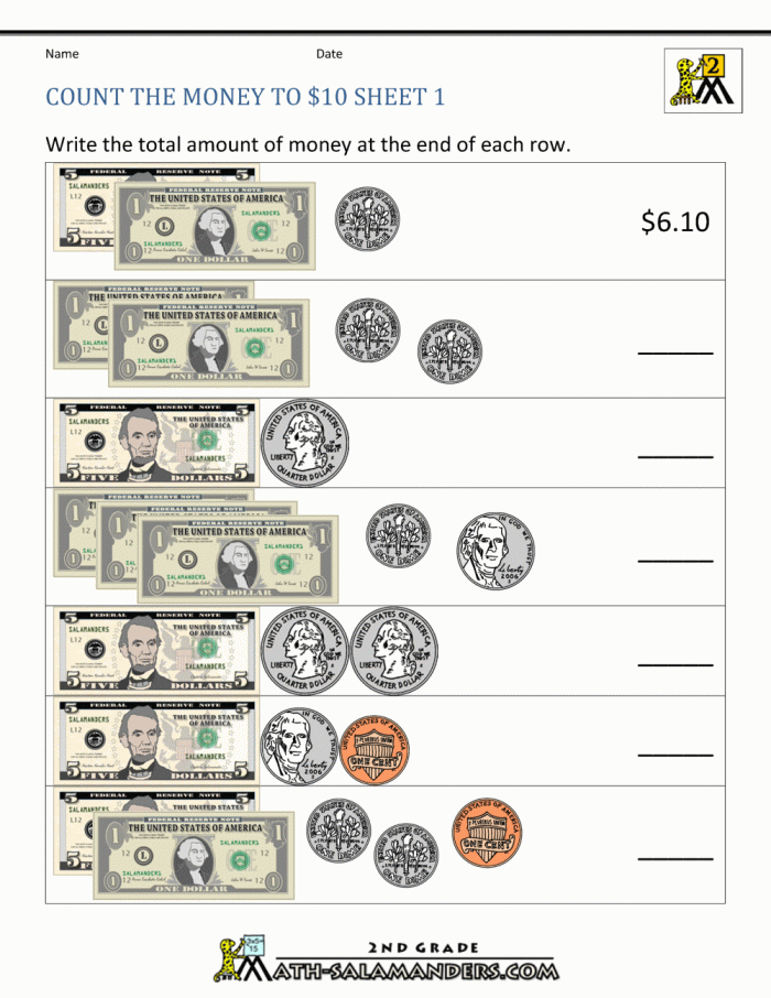 Dennis Duck counting coins on a money practice worksheet for first graders