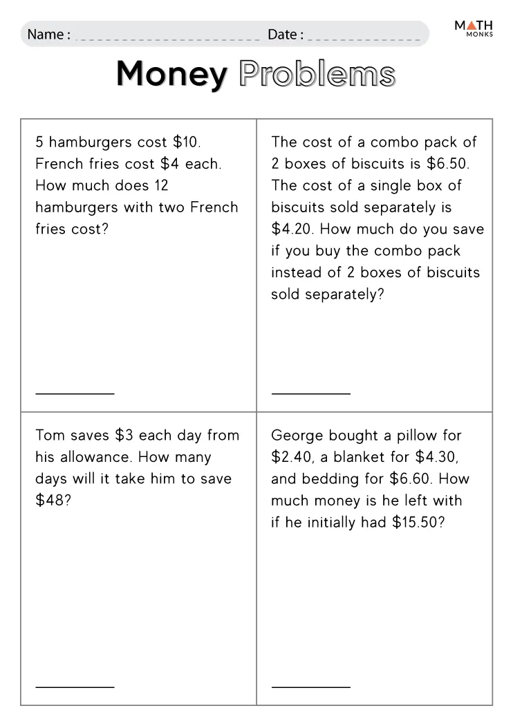 A first grader named Sam counting coins and calculating the cost of his lunch with money math word problems
