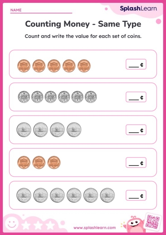 First grade student completing a counting coin practice worksheet