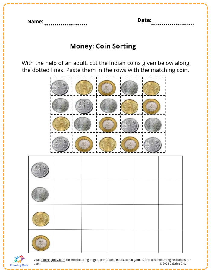 First grade students counting and adding coin values with pennies, nickels, dimes and quarters on Money Mania multiplication worksheet 25