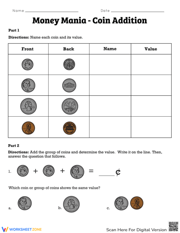 First grade students counting and adding coin values with penny, nickel, dime and quarter illustrations for money mania multiplication practice