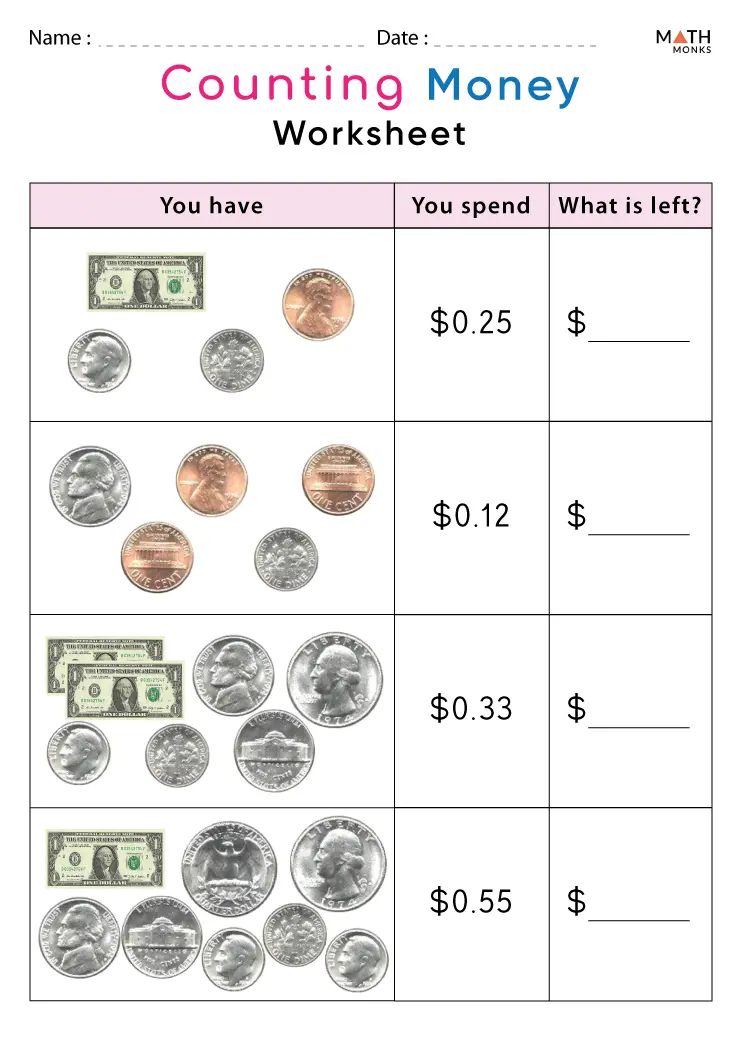 First grade students counting and identifying pennies, nickels, dimes, and quarters in Money Mania multiplication worksheet activity 12