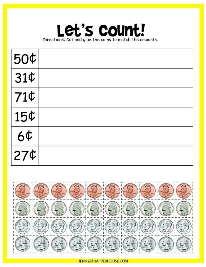First grade student practicing counting coins on a math worksheet