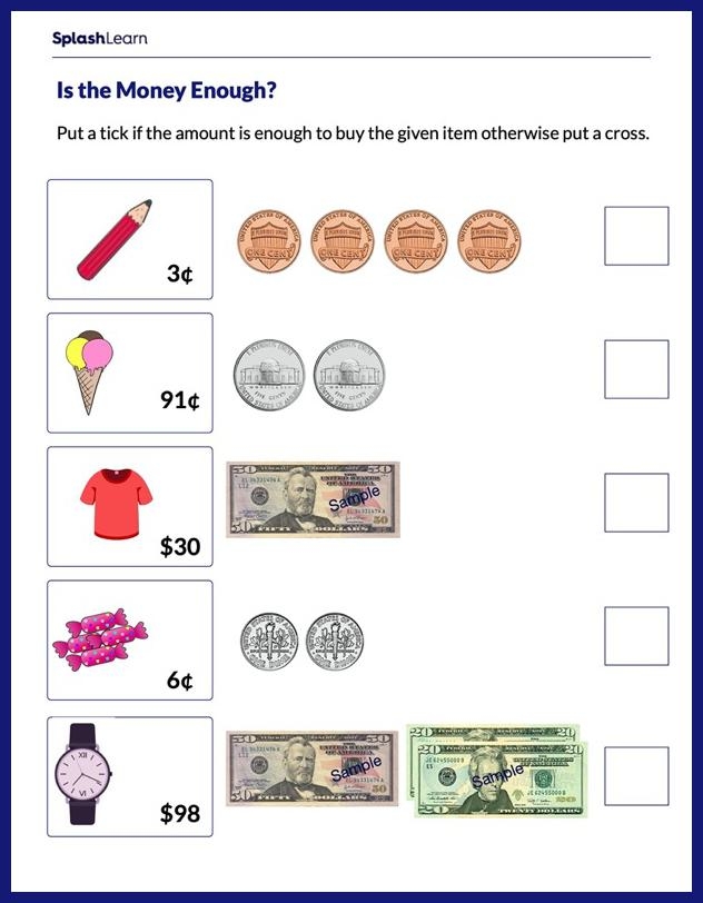 A first-grade student counts coins on a Money Practice worksheet to help Dennis Duck. Worksheet image illustrating coin counting for first graders.