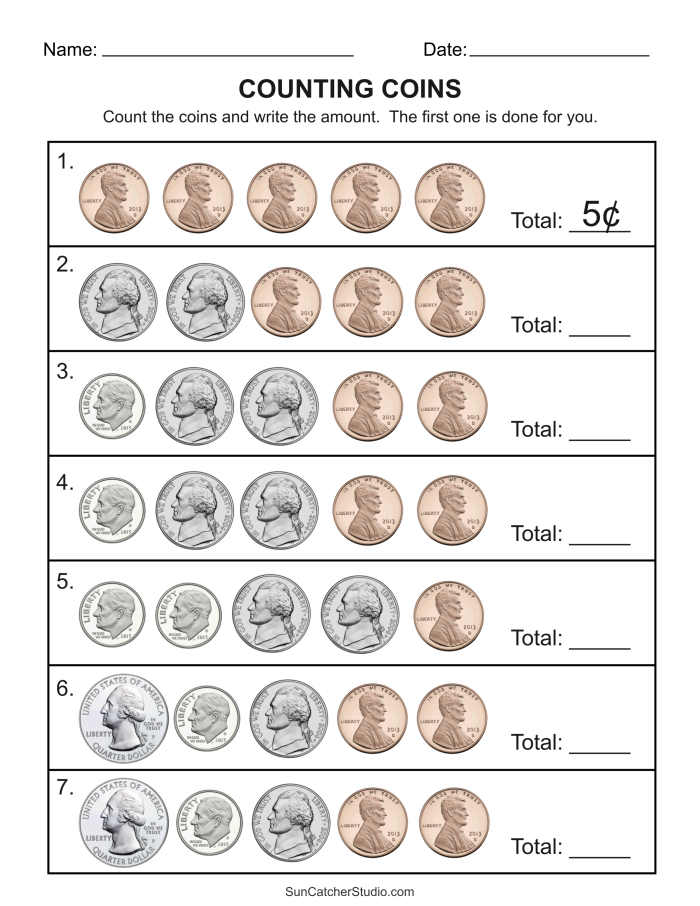 Dennis Duck's money practice worksheet featuring coin counting activities