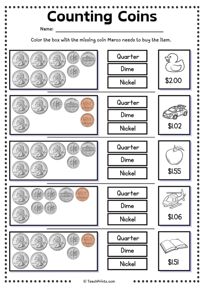 First grade student completing a Money Mania coins worksheet focused on multiplication and counting