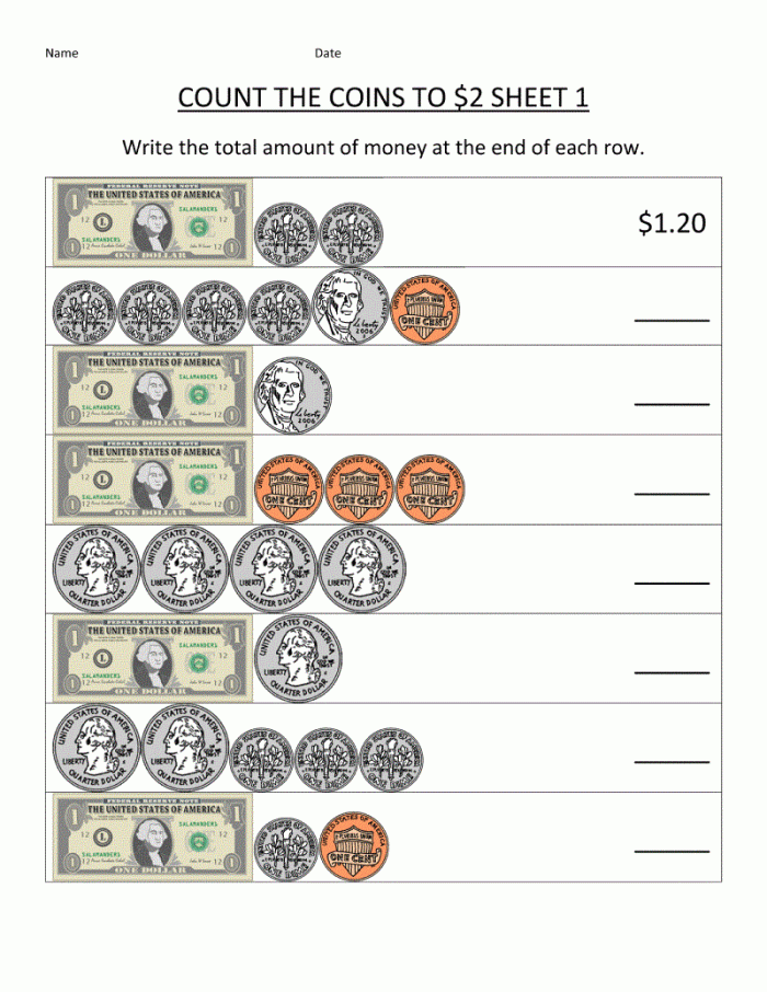 First grade money practice worksheet featuring Dennis Duck coin counting activity