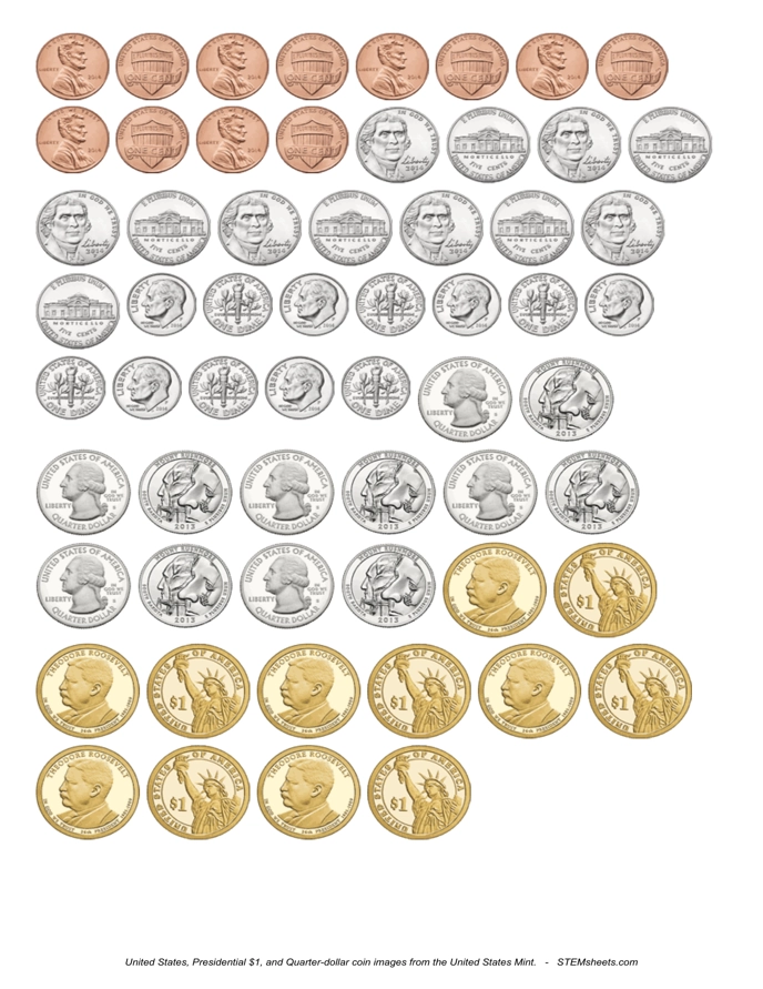 First grade students counting and identifying pennies, nickels, dimes, and quarters on a Money Mania coins worksheet