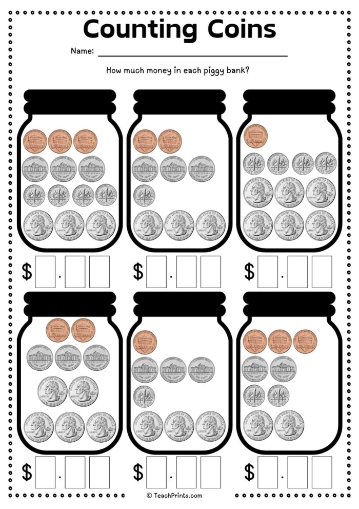 First grade students counting and identifying pennies, nickels, dimes, and quarters on a Money Mania multiplication worksheet