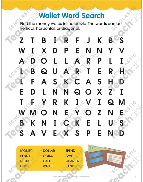 First grade students identifying coin names like penny and quarter in a money themed word search puzzle