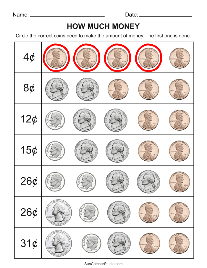 Counting Money worksheet designed for first graders to practice coin values and money problems