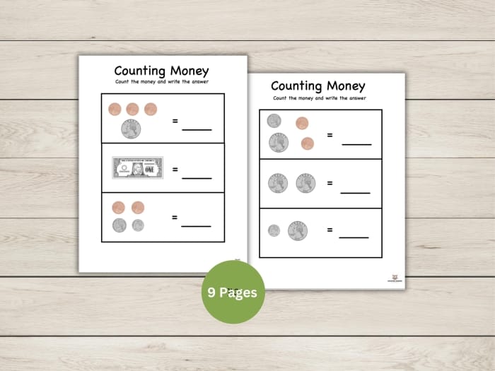 Counting Money worksheet for first graders with coin value questions and money problems