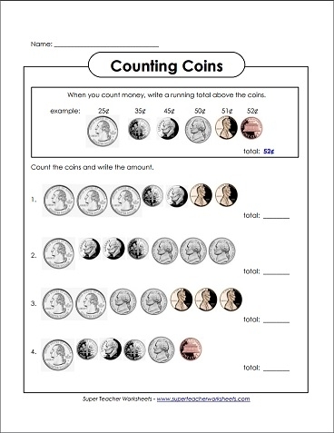 First grade student counting and adding penny, nickel, dime and quarter values on a counting coins practice worksheet