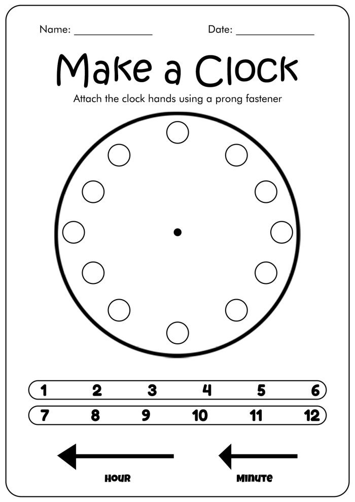 Reading worksheet for First Grade Colorful worksheet for first graders to create and color their own clock. Engaging Make a Clock worksheet for early learning in reading and time-telling.