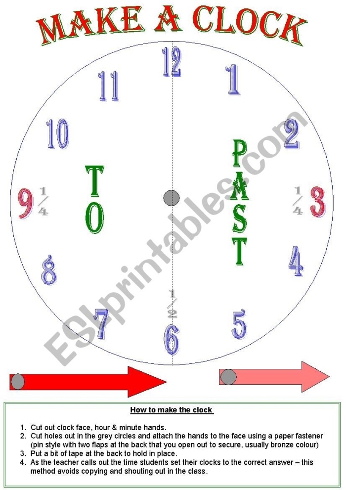Interactive clock-making activity for first graders to enjoy while learning First grade worksheet for coloring and creating a clock to enhance reading skills