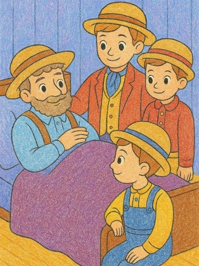 A first-grade student coloring a scene from "The Farmer and His Son" worksheet