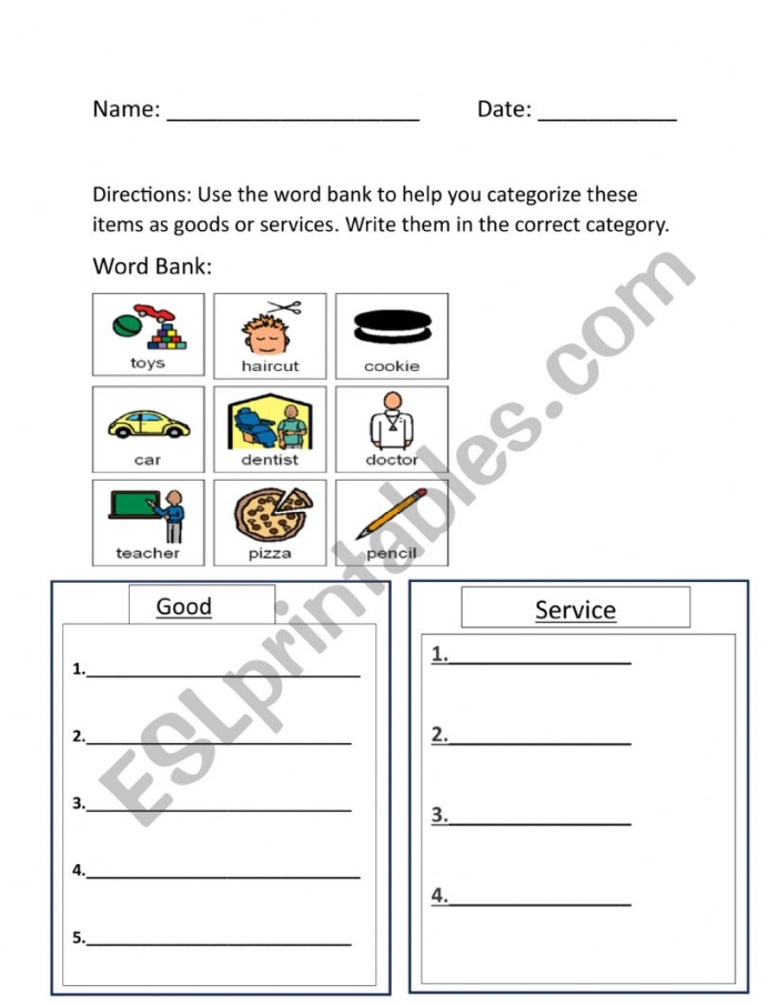 First grade students identifying whether different community workers provide goods or perform services