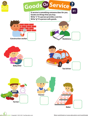 First grade worksheet identifying if community workers provide goods or services