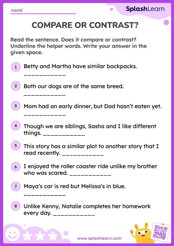 First grade worksheet for comparing and contrasting story elements