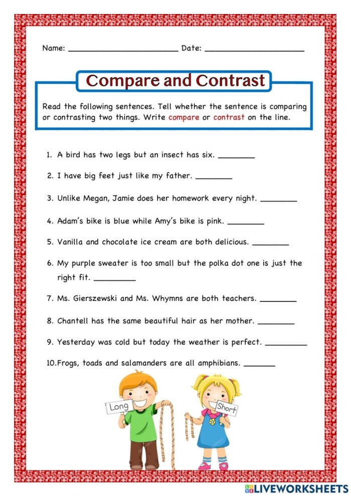 First Grade Story Elements Compare & Contrast worksheet for reading analysis