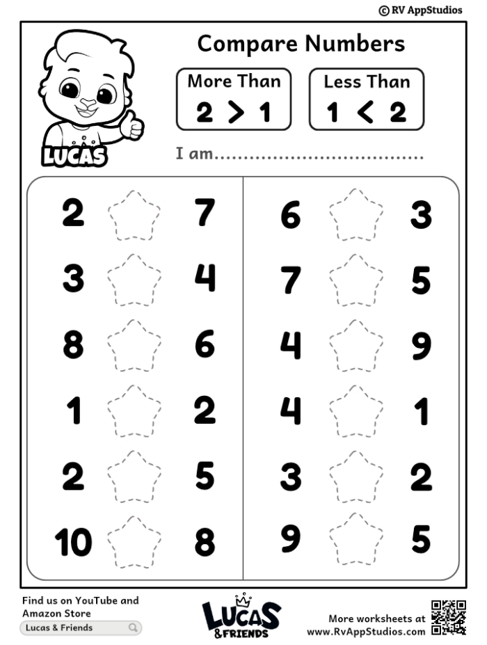 Practice Comparing Numbers with Greater Than and Less Than Signs First grade math worksheet showing children comparing numbers with greater than and less than symbols using visual counting objects