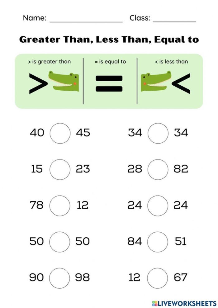 Worksheet for first graders to practice greater than, less than, and equal to concepts with alligator illustrations. Engaging activity to help young learners master comparing numbers.