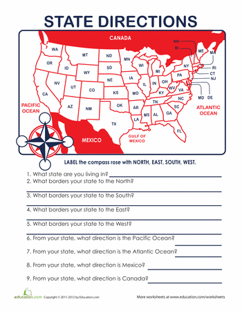 Worksheet featuring a compass rose for first graders to learn directions on a U.S. map