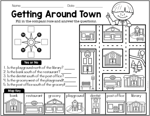 First grade map worksheet featuring a compass rose to help students identify north south east and west directions