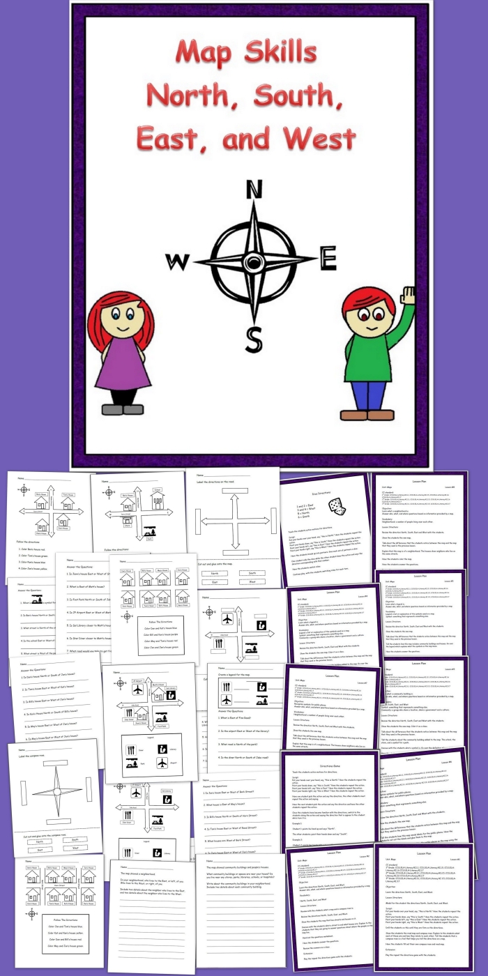 Directions worksheet for first graders featuring a compass rose and U.S. map