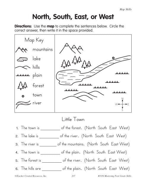 First grade map reading worksheet featuring a compass rose to help students identify north south east and west on a U.S. map