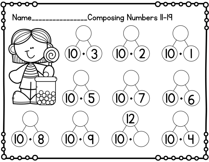 Geography worksheet for First Grade First grade worksheet demonstrating composing and decomposing numbers within 20 with colorful visuals. Engaging Compose and Decompose Within 20 activity for young learners.