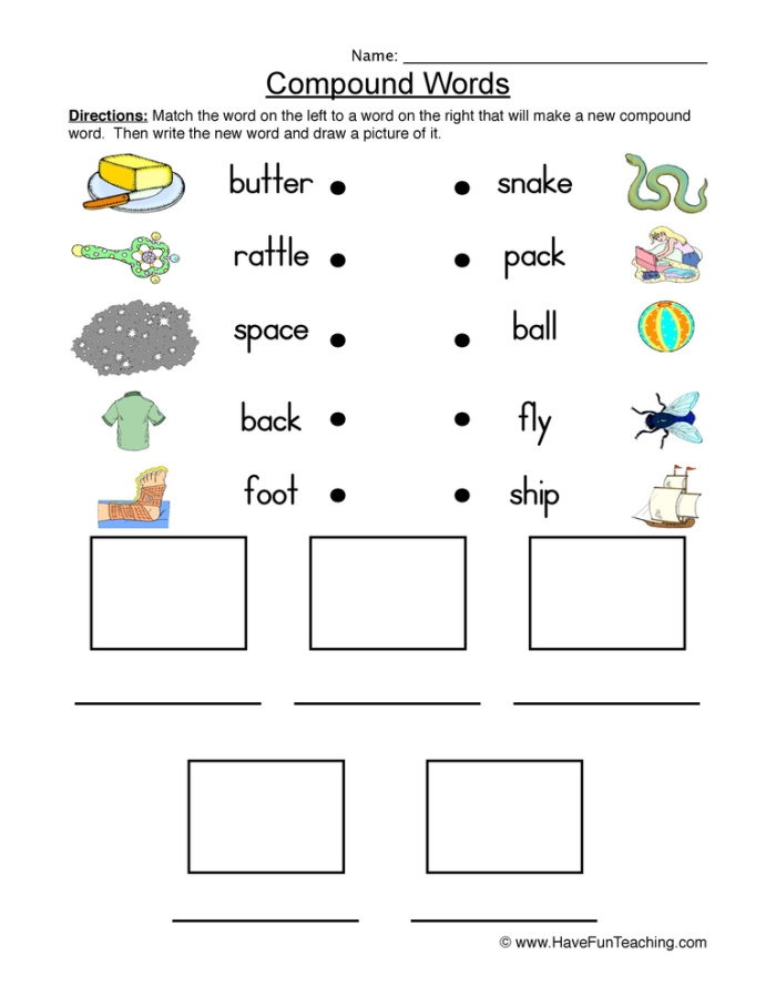 First grade worksheet for word addition using pictures to form compound words