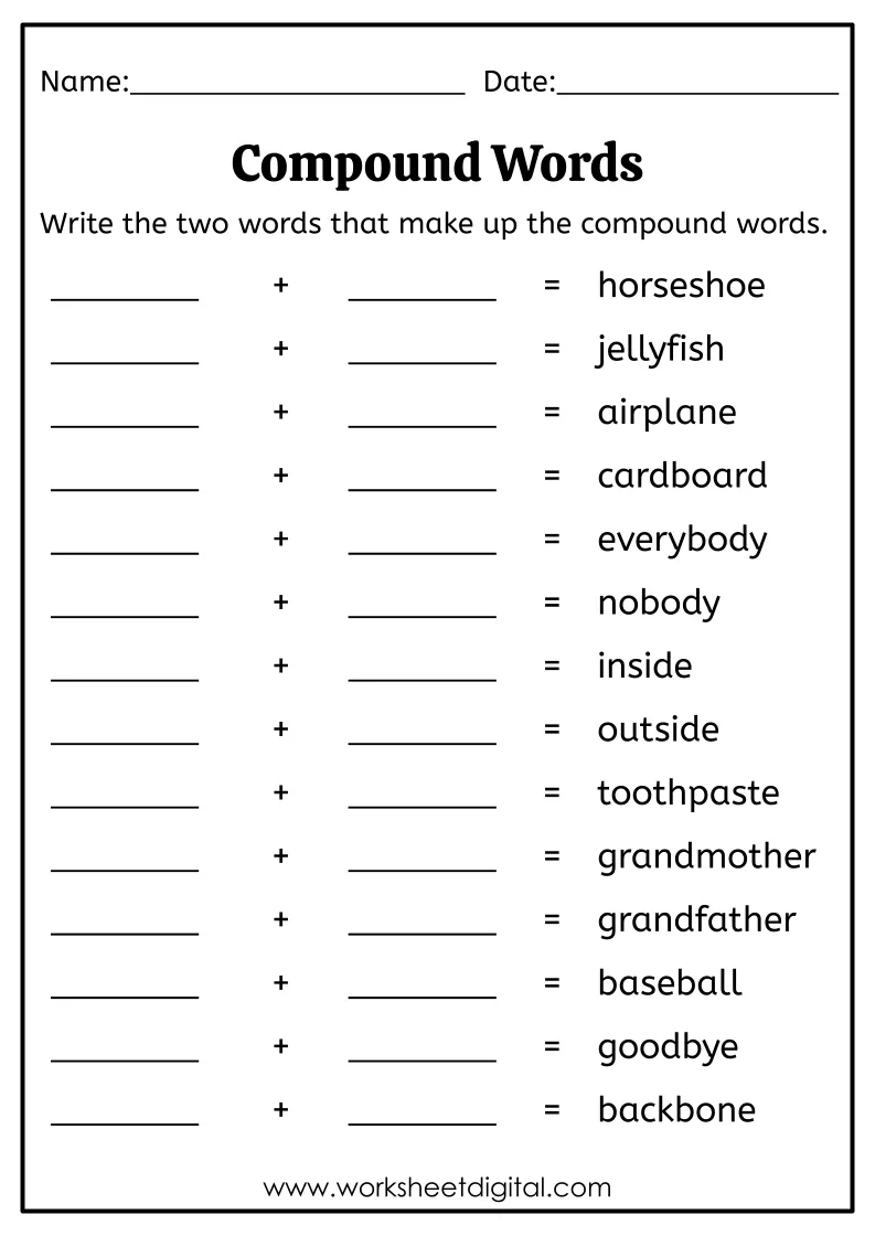 Worksheet featuring a compound word activity where students combine two words based on visual clues