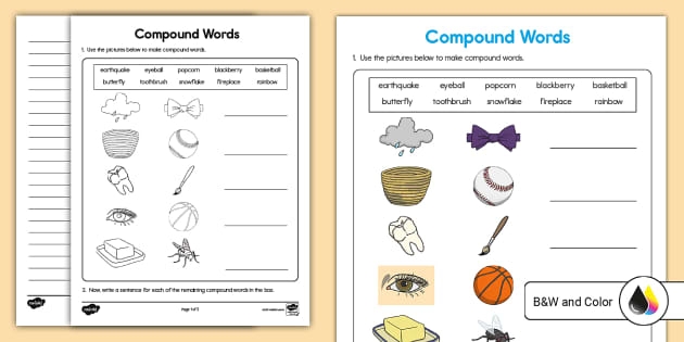 First grade worksheet featuring picture clues to help students combine two words into one compound word