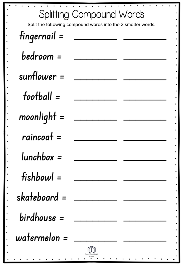 First grade compound words quiz worksheet for kids to identify and fill in answers