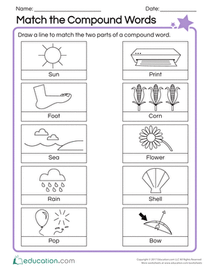 First grade student worksheet featuring illustrations to help children combine individual words into compound words for practice number 21