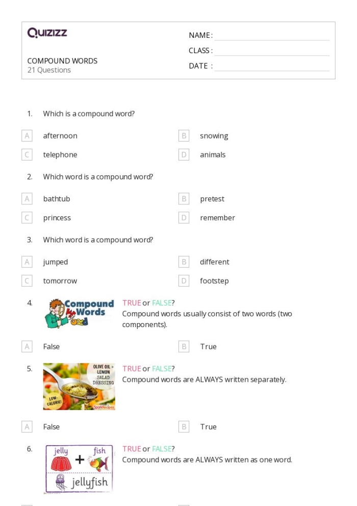 Worksheet featuring a Compound Words Quiz for first graders
