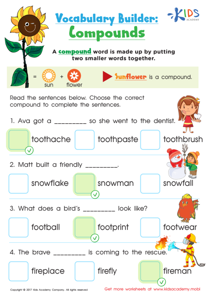 First grade student taking a Compound Words Quiz with fill-in-the-bubble questions