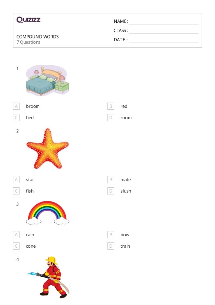 Worksheet featuring a Compound Words Quiz for first graders to identify and fill in answers. Fun and engaging fill-in-the-bubble quiz for young readers to learn about compound words.