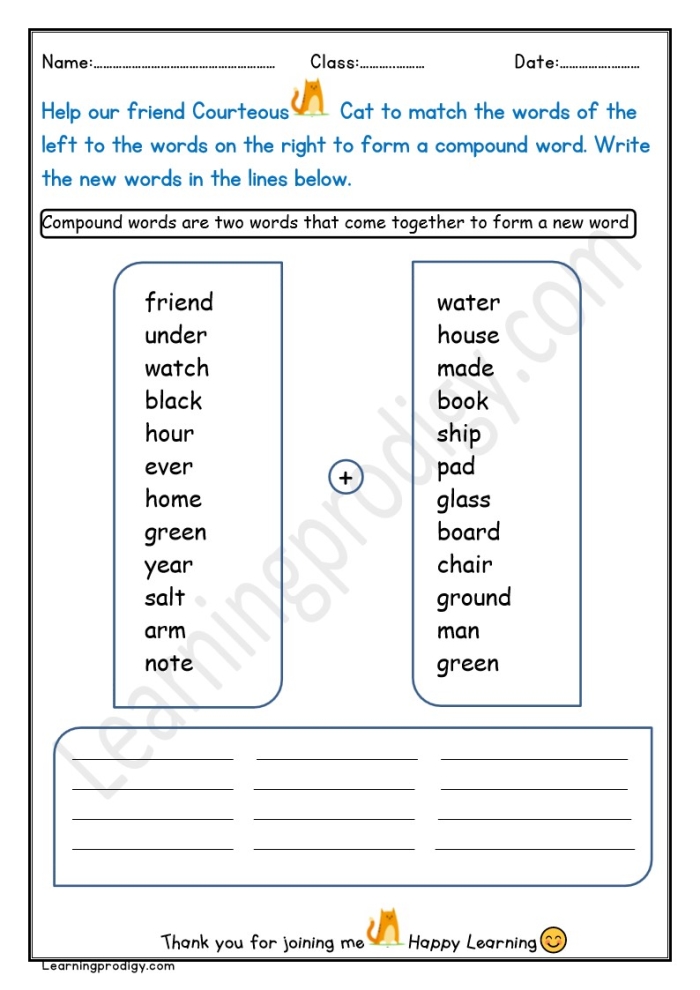 Worksheet featuring a Compound Words Quiz for first graders to identify compound words. Fun fill-in-the-bubble style quiz to challenge young readers.